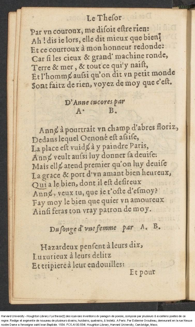 1554 - Étienne Groulleau - Trésor des joyeuses inventions du parangon de poésies - Harvard University