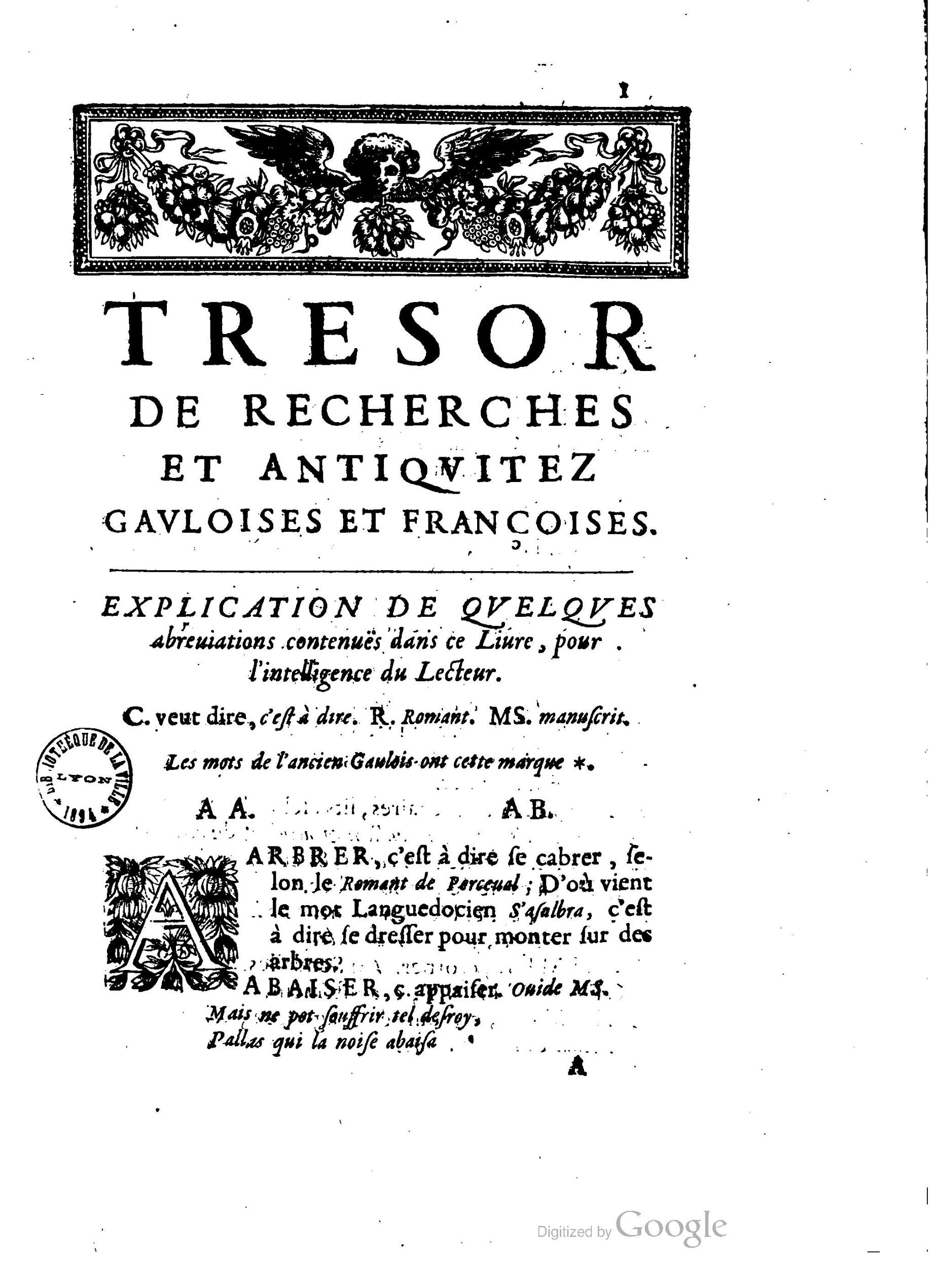 1655 - Augustin Courbé - Trésor de recherches et antiquités gauloises et françaises - BM Lyon