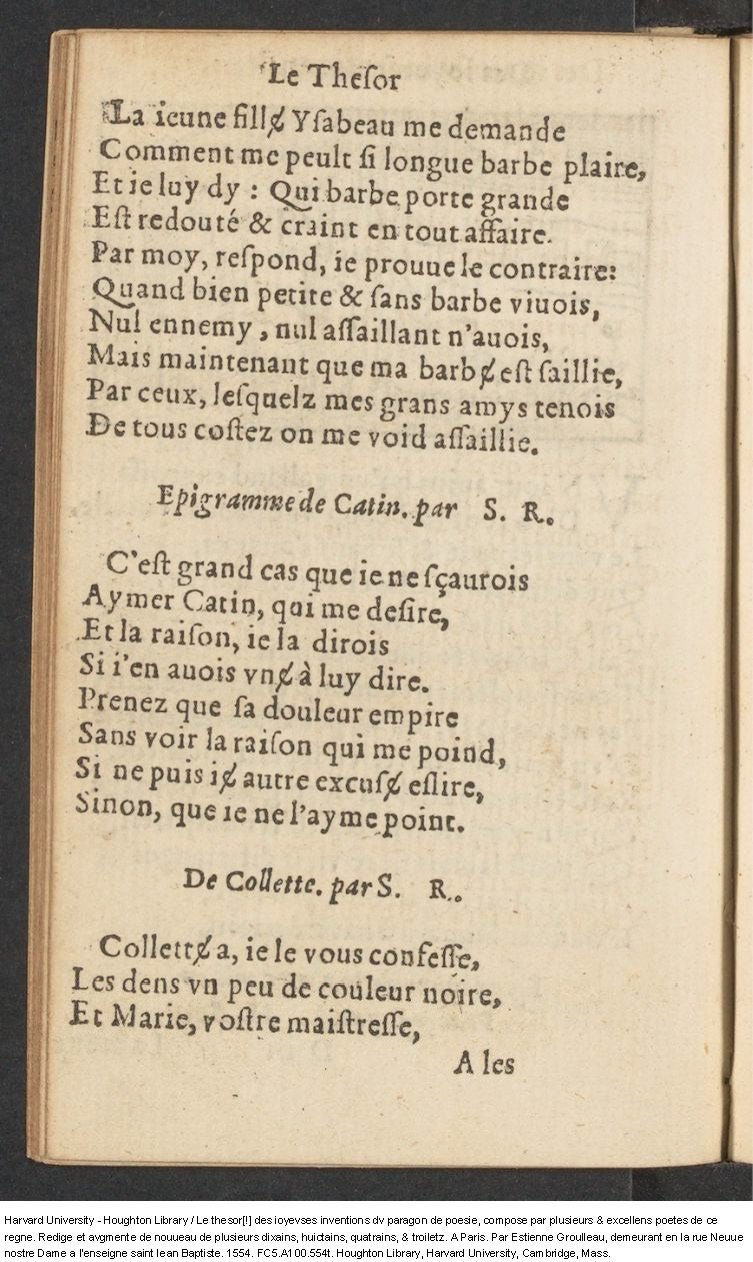 1554 - Étienne Groulleau - Trésor des joyeuses inventions du parangon de poésies - Harvard University