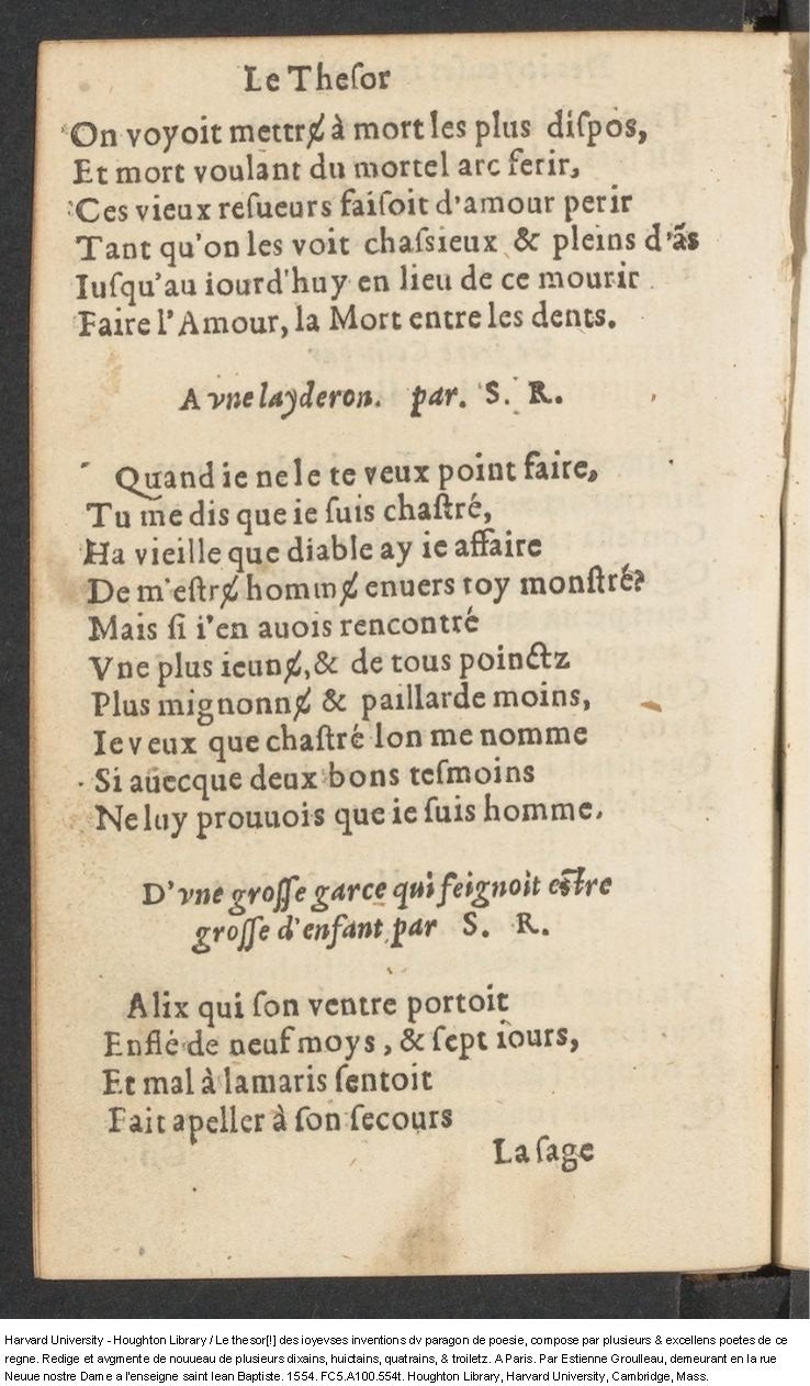 1554 - Étienne Groulleau - Trésor des joyeuses inventions du parangon de poésies - Harvard University