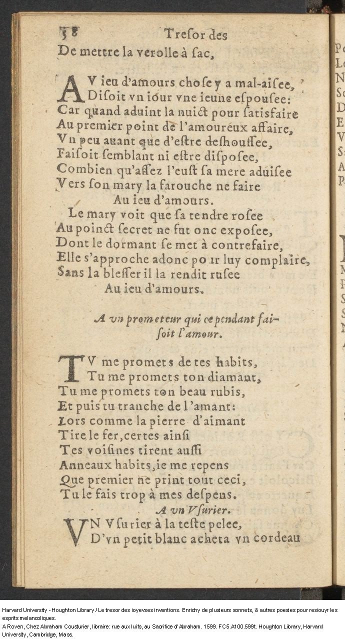 1599 - Abraham Le Cousturier - Trésor des joyeuses inventions du parangon de poésies - Harvard University 1599 - Abraham Le Cousturier - Trésor des joyeuses inventions du parangon de poésies - Harvard University