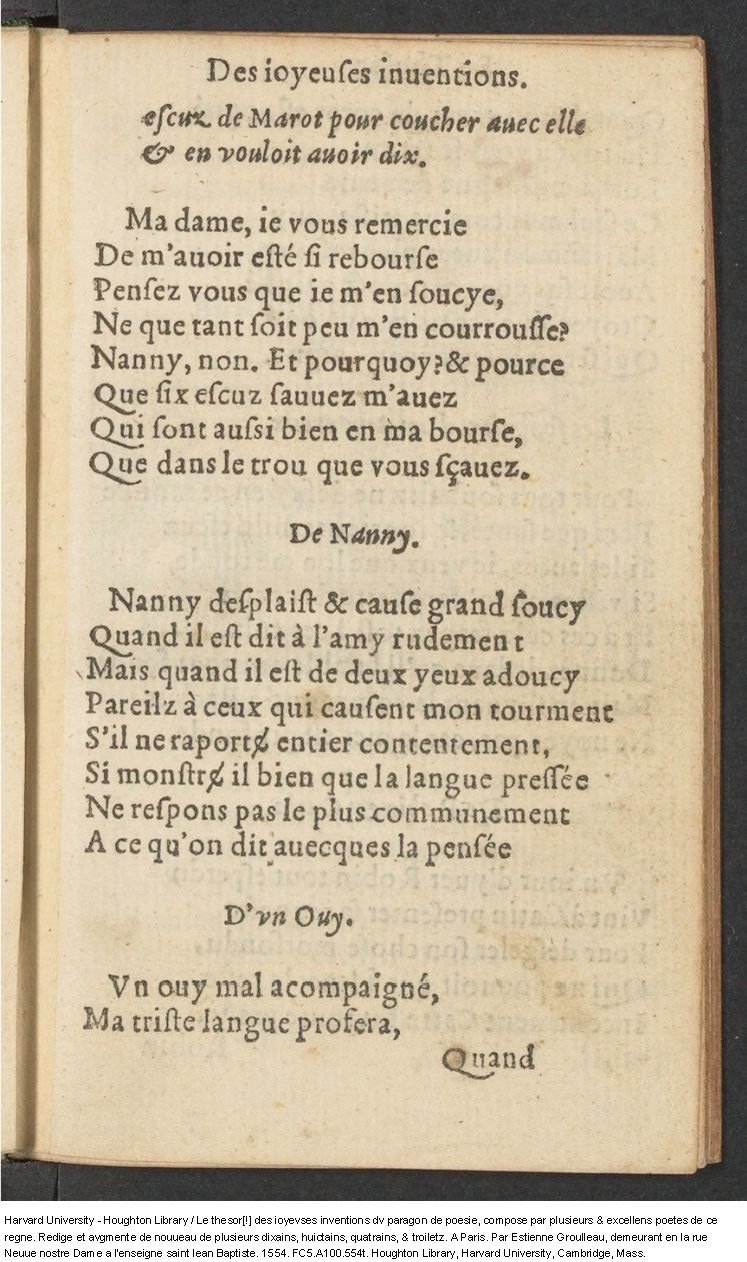 1554 - Étienne Groulleau - Trésor des joyeuses inventions du parangon de poésies - Harvard University