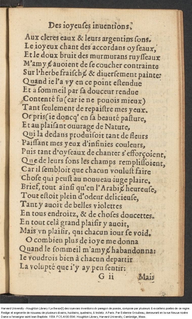 1554 - Étienne Groulleau - Trésor des joyeuses inventions du parangon de poésies - Harvard University