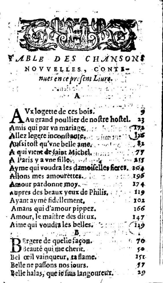 1606 - Théodore Reinsart - Trésor des chansons amoureuses recueillies des plus excellents airs de cour - Livre I - NK ČR Prague