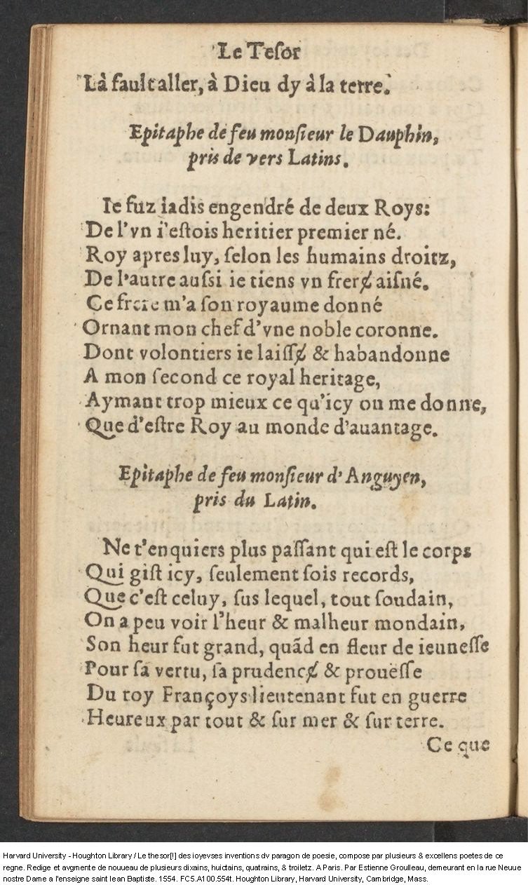 1554 - Étienne Groulleau - Trésor des joyeuses inventions du parangon de poésies - Harvard University