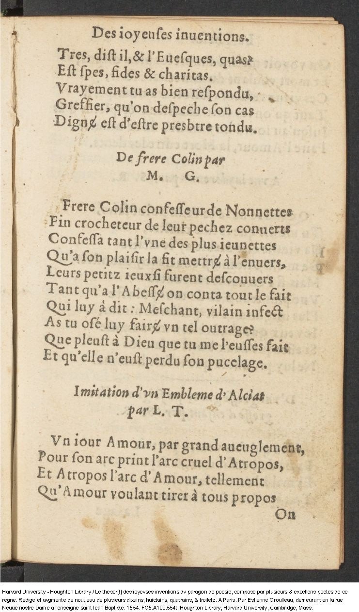 1554 - Étienne Groulleau - Trésor des joyeuses inventions du parangon de poésies - Harvard University