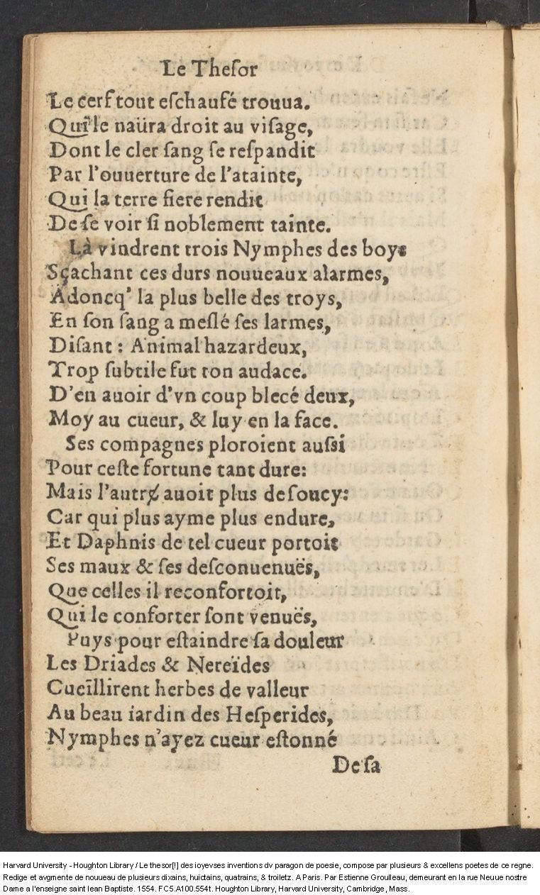 1554 - Étienne Groulleau - Trésor des joyeuses inventions du parangon de poésies - Harvard University