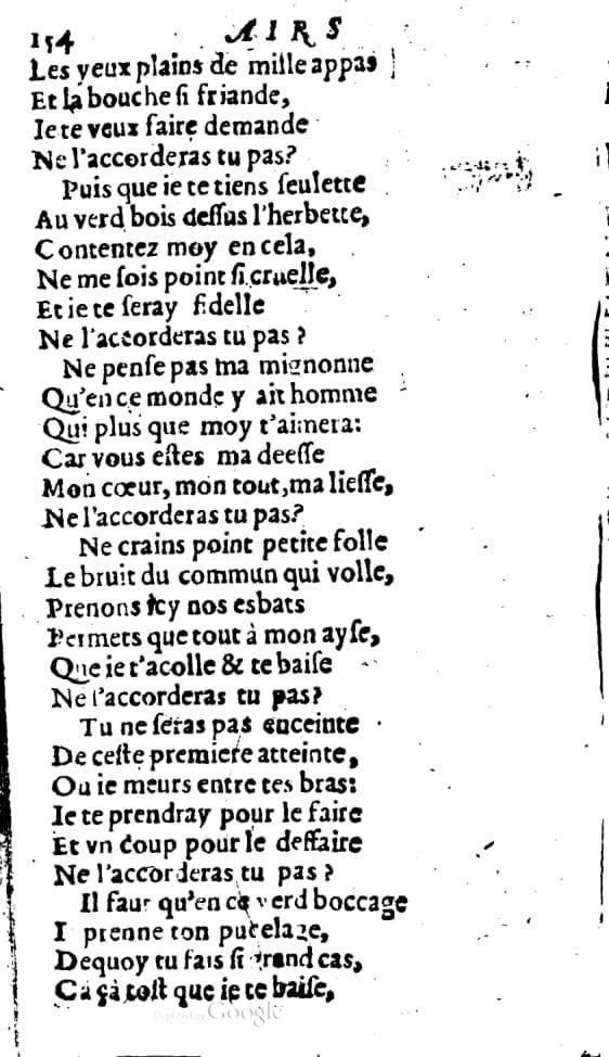 1606 - Théodore Reinsart - Trésor des chansons amoureuses recueillies des plus excellents airs de cour - Livre I - NK ČR Prague