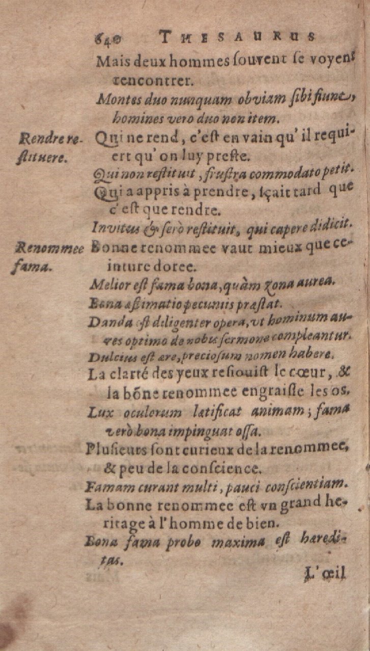 1612 - Dominicus Custos - Trésor des proverbes français  - Bibliopol-Olomuc
