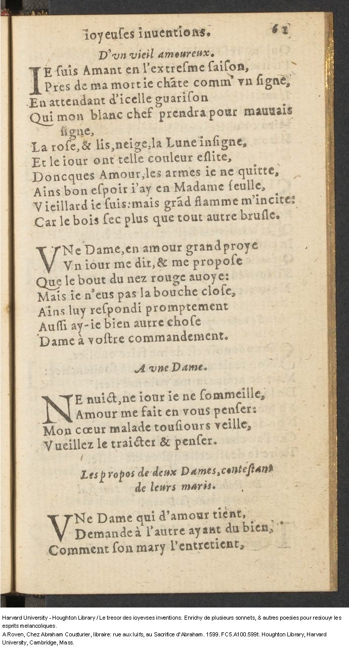 1599 - Abraham Le Cousturier - Trésor des joyeuses inventions du parangon de poésies - Harvard University 1599 - Abraham Le Cousturier - Trésor des joyeuses inventions du parangon de poésies - Harvard University