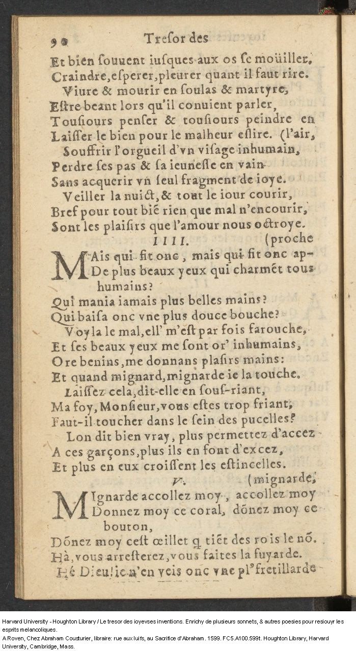 1599 - Abraham Le Cousturier - Trésor des joyeuses inventions du parangon de poésies - Harvard University 1599 - Abraham Le Cousturier - Trésor des joyeuses inventions du parangon de poésies - Harvard University