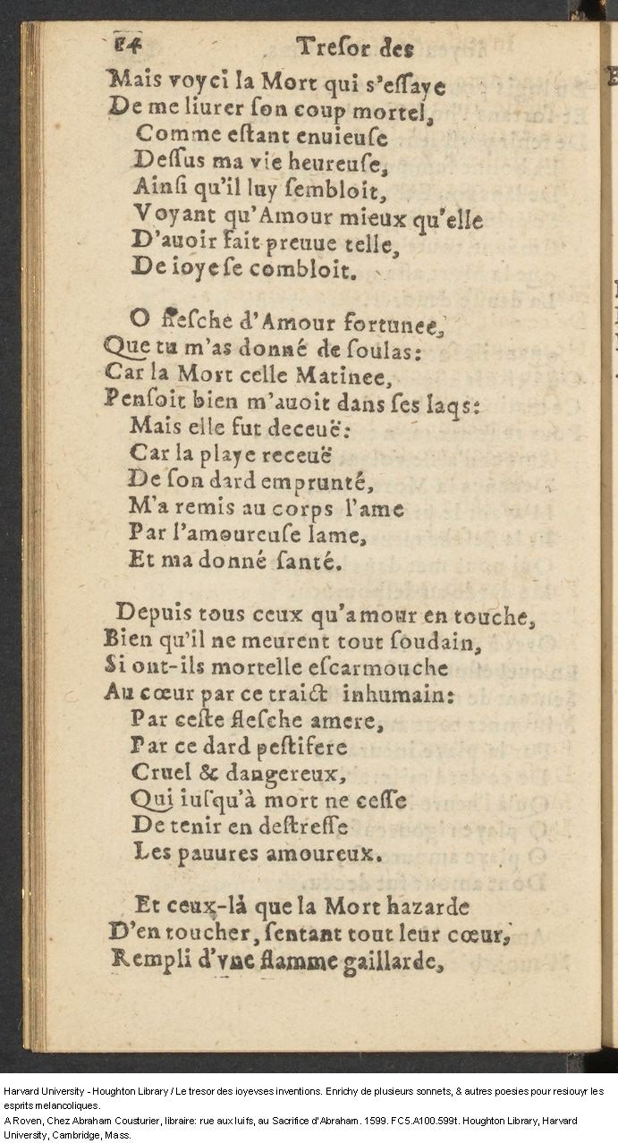 1599 - Abraham Le Cousturier - Trésor des joyeuses inventions du parangon de poésies - Harvard University 1599 - Abraham Le Cousturier - Trésor des joyeuses inventions du parangon de poésies - Harvard University