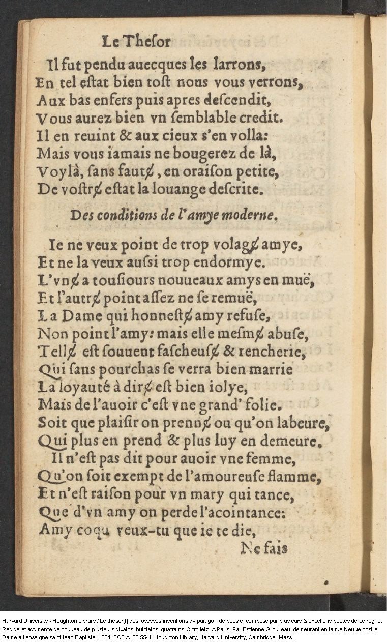 1554 - Étienne Groulleau - Trésor des joyeuses inventions du parangon de poésies - Harvard University