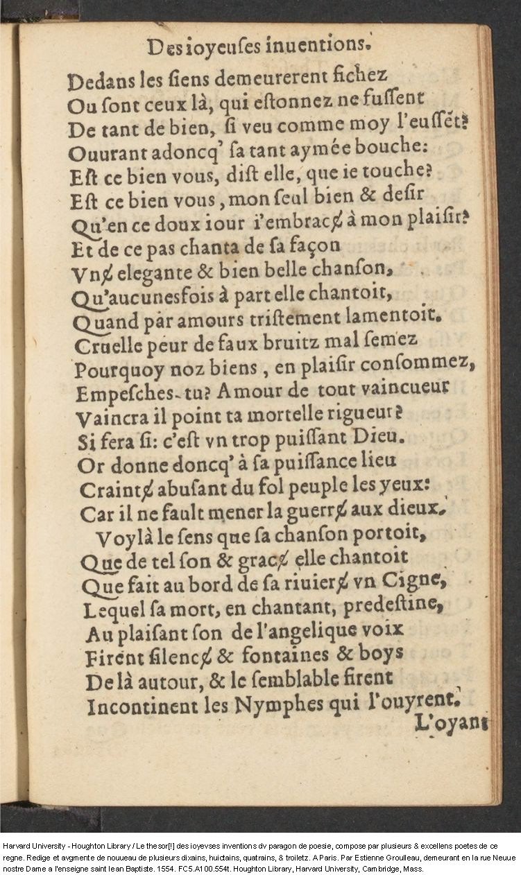 1554 - Étienne Groulleau - Trésor des joyeuses inventions du parangon de poésies - Harvard University