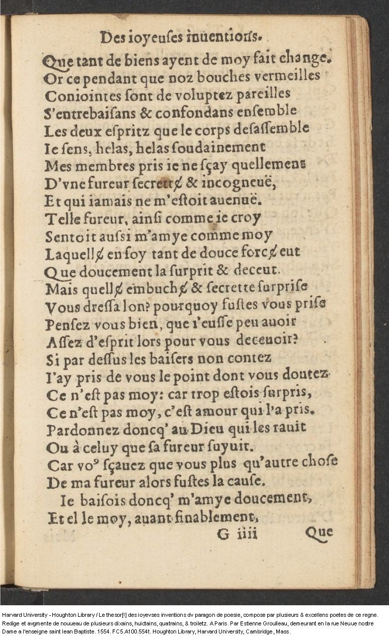 1554 - Étienne Groulleau - Trésor des joyeuses inventions du parangon de poésies - Harvard University
