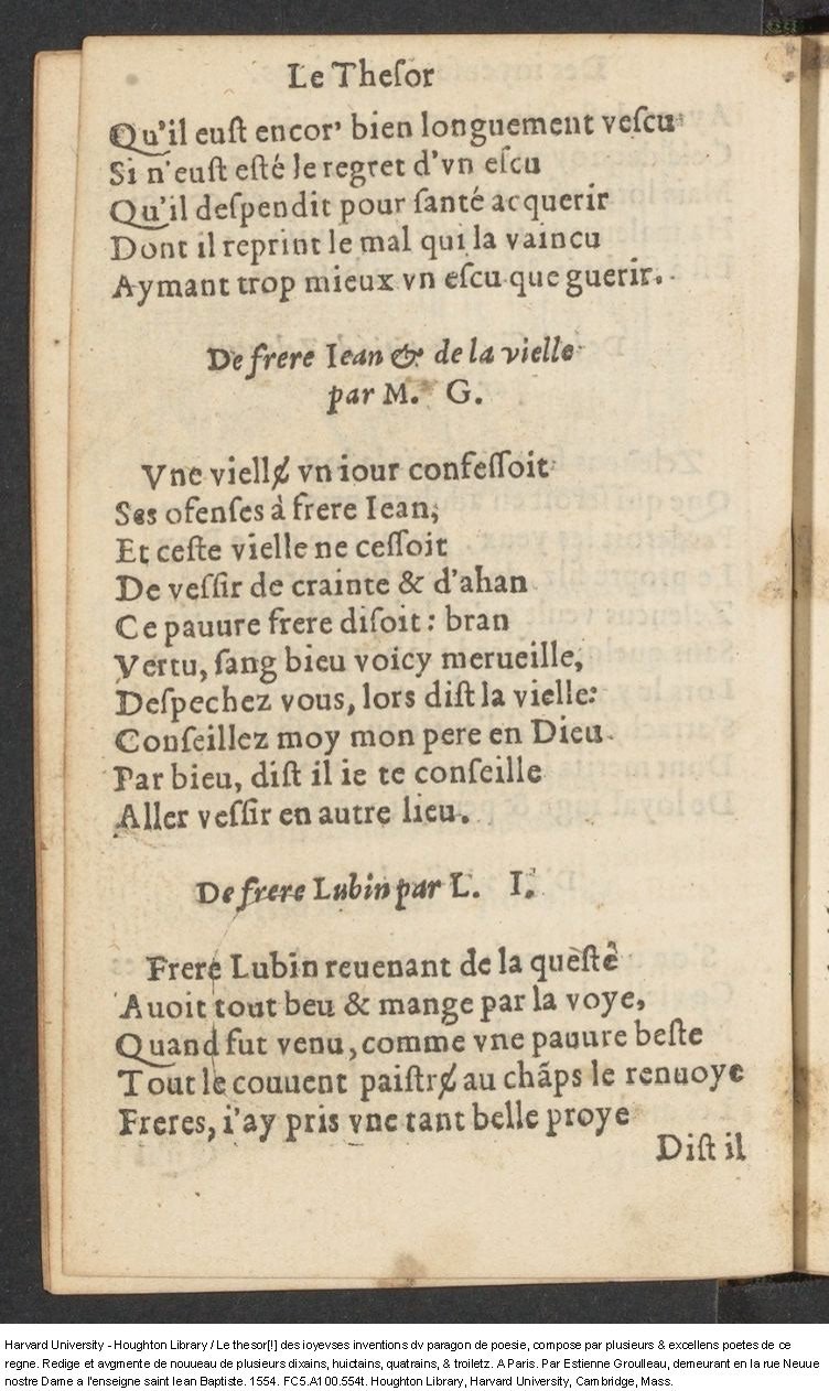 1554 - Étienne Groulleau - Trésor des joyeuses inventions du parangon de poésies - Harvard University