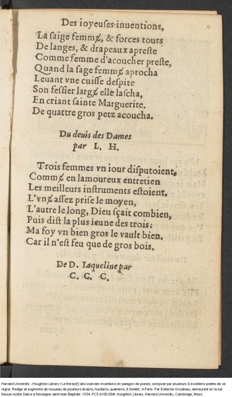 1554 - Étienne Groulleau - Trésor des joyeuses inventions du parangon de poésies - Harvard University