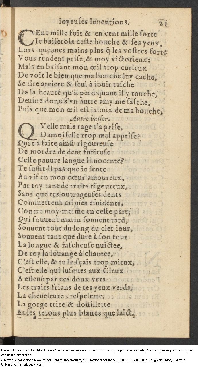 1599 - Abraham Le Cousturier - Trésor des joyeuses inventions du parangon de poésies - Harvard University 1599 - Abraham Le Cousturier - Trésor des joyeuses inventions du parangon de poésies - Harvard University
