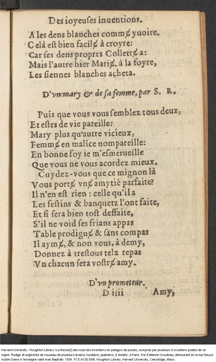 1554 - Étienne Groulleau - Trésor des joyeuses inventions du parangon de poésies - Harvard University