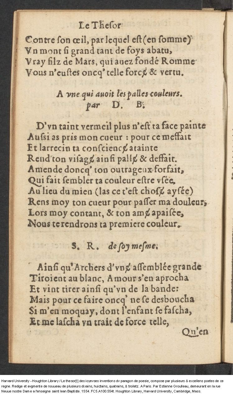 1554 - Étienne Groulleau - Trésor des joyeuses inventions du parangon de poésies - Harvard University