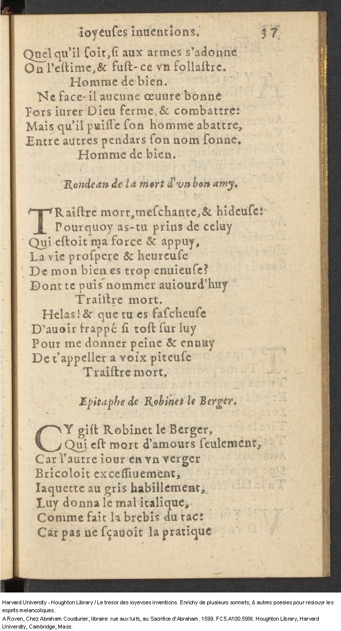1599 - Abraham Le Cousturier - Trésor des joyeuses inventions du parangon de poésies - Harvard University 1599 - Abraham Le Cousturier - Trésor des joyeuses inventions du parangon de poésies - Harvard University