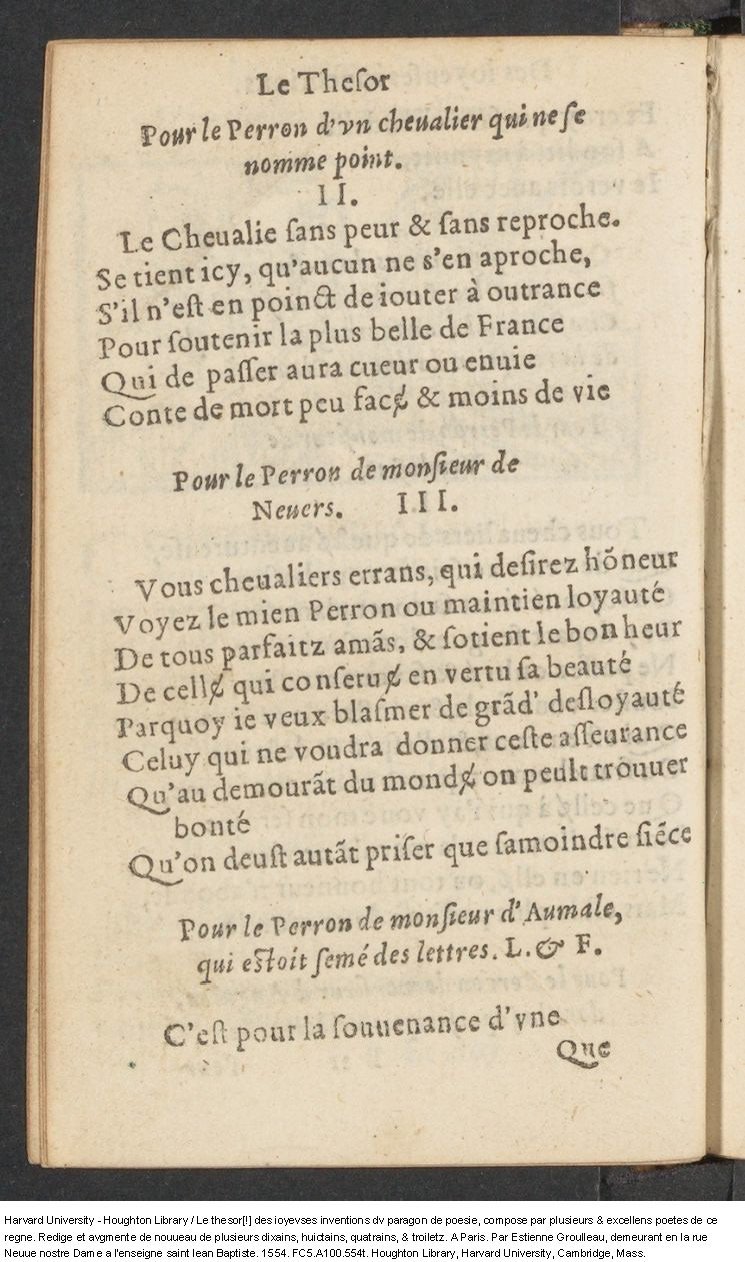 1554 - Étienne Groulleau - Trésor des joyeuses inventions du parangon de poésies - Harvard University