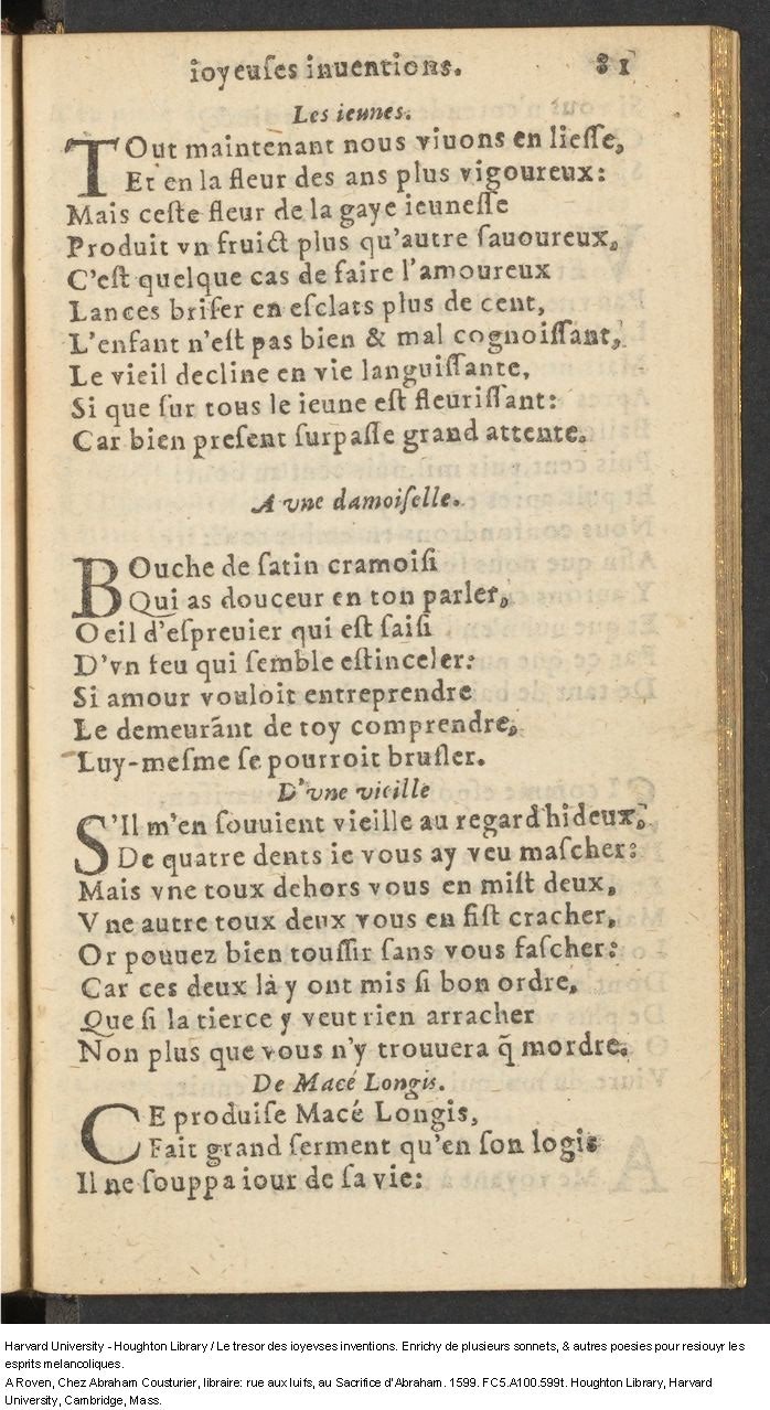 1599 - Abraham Le Cousturier - Trésor des joyeuses inventions du parangon de poésies - Harvard University 1599 - Abraham Le Cousturier - Trésor des joyeuses inventions du parangon de poésies - Harvard University