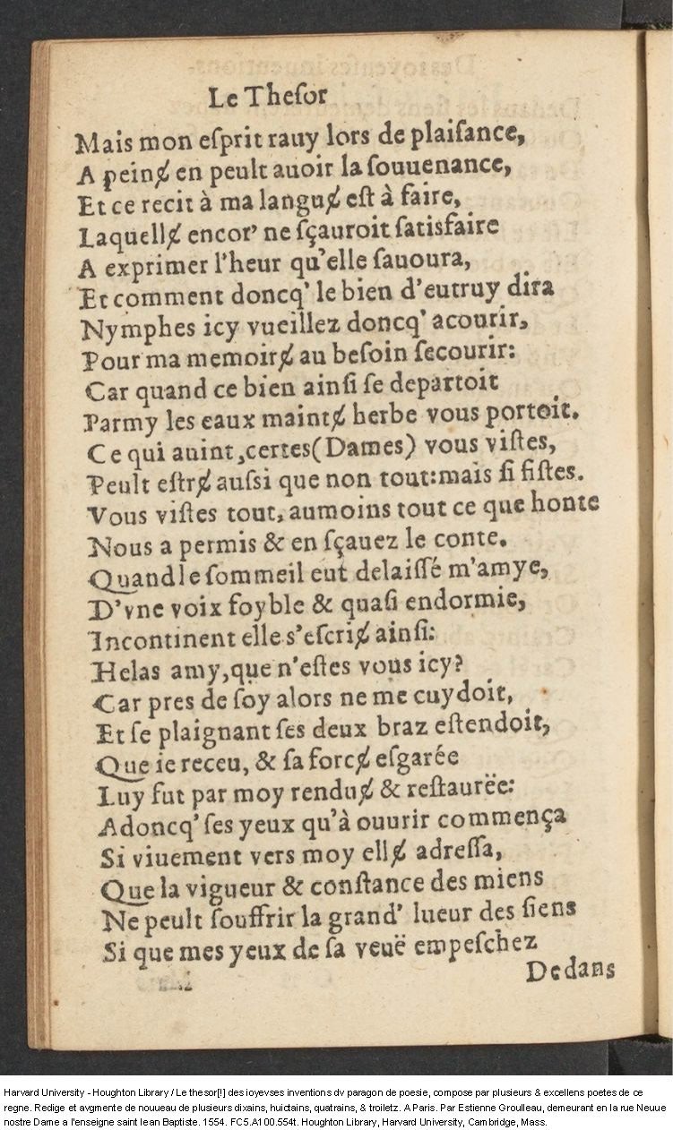 1554 - Étienne Groulleau - Trésor des joyeuses inventions du parangon de poésies - Harvard University