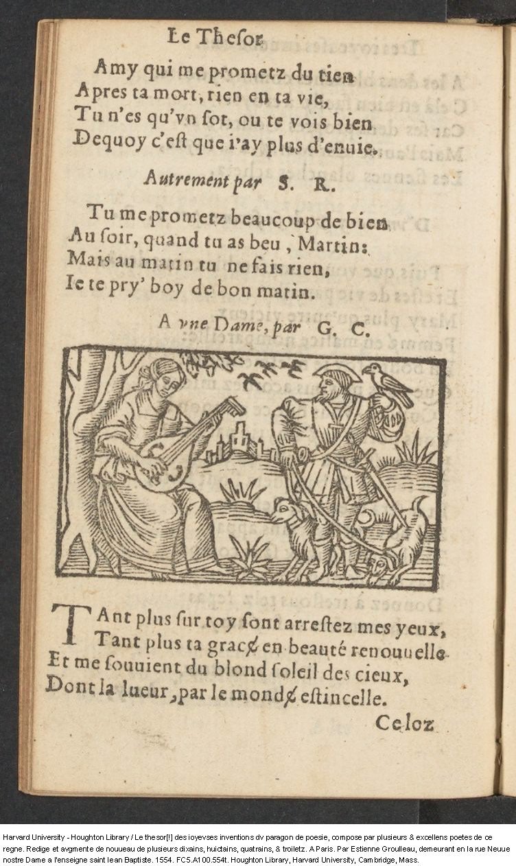 1554 - Étienne Groulleau - Trésor des joyeuses inventions du parangon de poésies - Harvard University