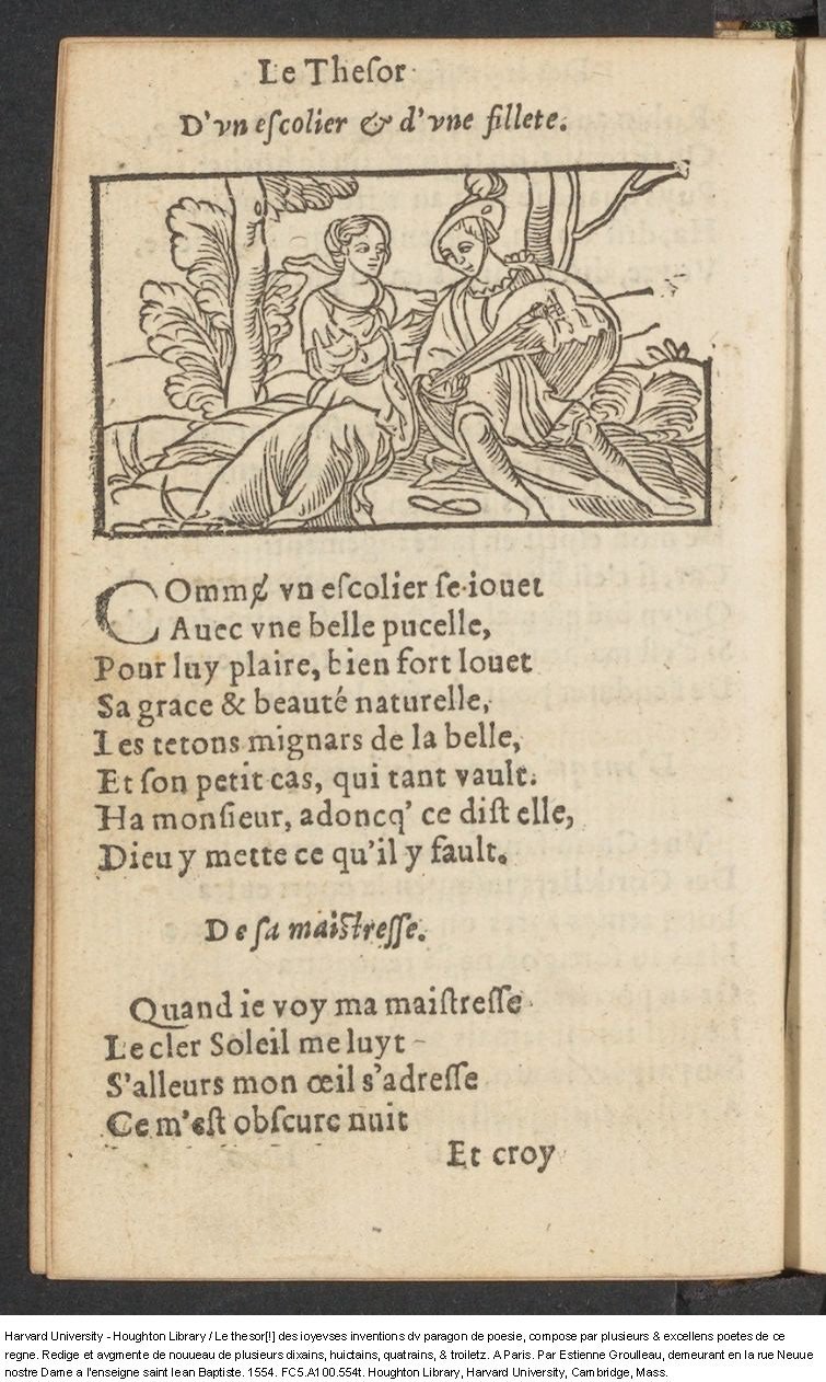 1554 - Étienne Groulleau - Trésor des joyeuses inventions du parangon de poésies - Harvard University