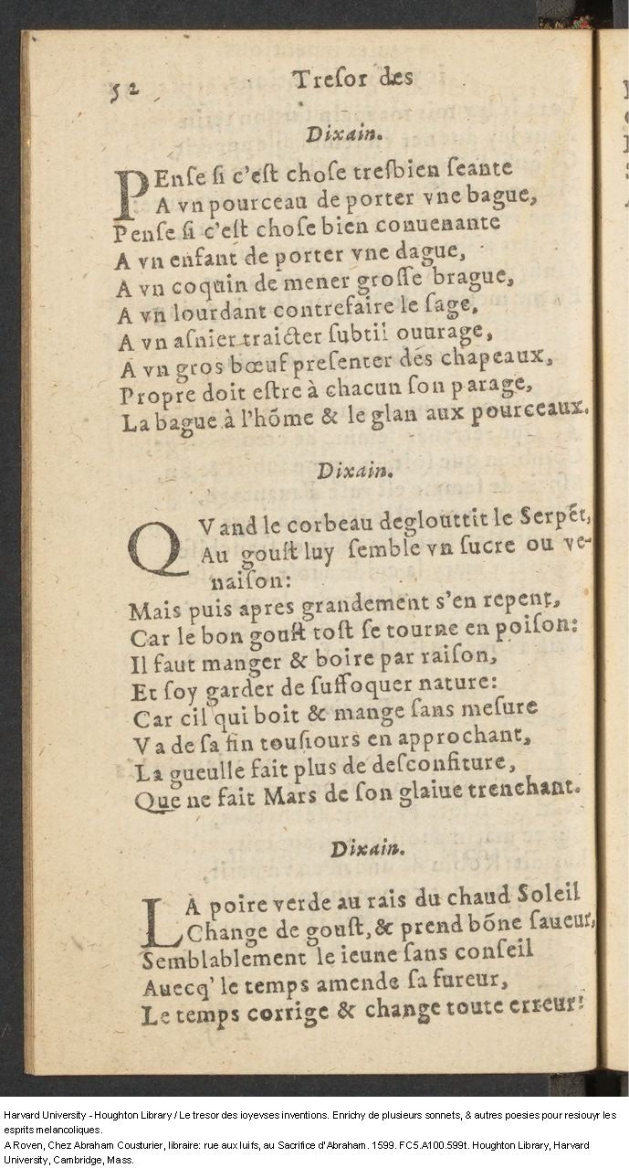 1599 - Abraham Le Cousturier - Trésor des joyeuses inventions du parangon de poésies - Harvard University 1599 - Abraham Le Cousturier - Trésor des joyeuses inventions du parangon de poésies - Harvard University