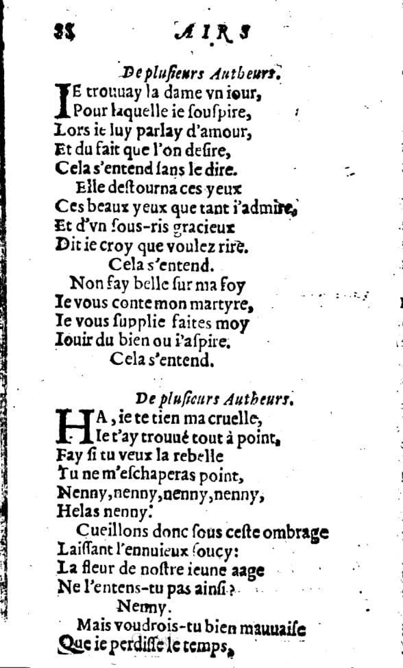 1606 - Théodore Reinsart - Trésor des chansons amoureuses recueillies des plus excellents airs de cour - Livre I - NK ČR Prague