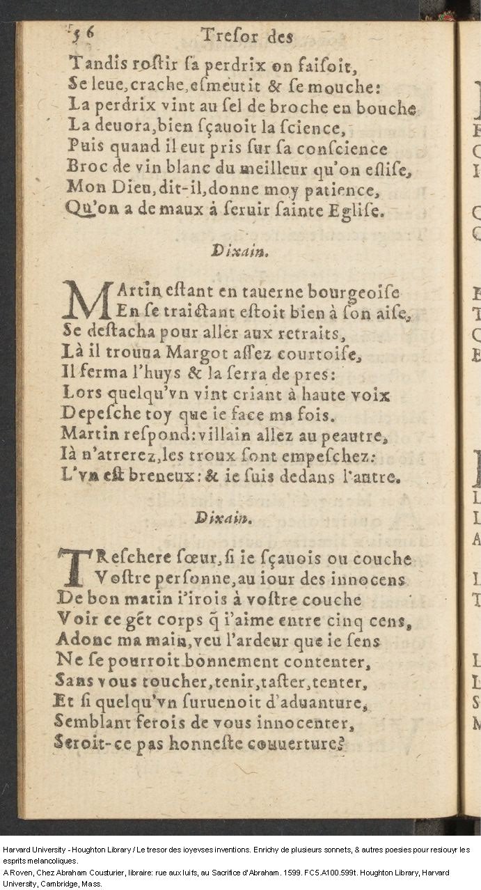 1599 - Abraham Le Cousturier - Trésor des joyeuses inventions du parangon de poésies - Harvard University 1599 - Abraham Le Cousturier - Trésor des joyeuses inventions du parangon de poésies - Harvard University