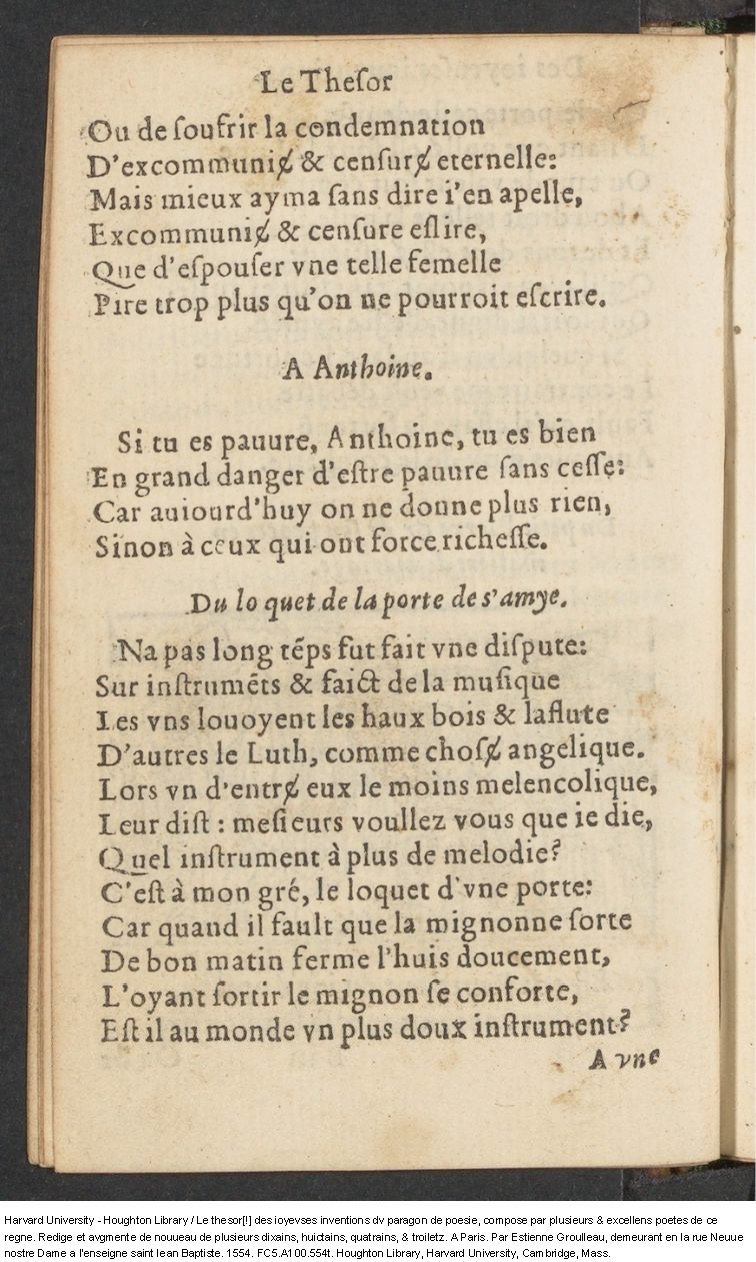 1554 - Étienne Groulleau - Trésor des joyeuses inventions du parangon de poésies - Harvard University