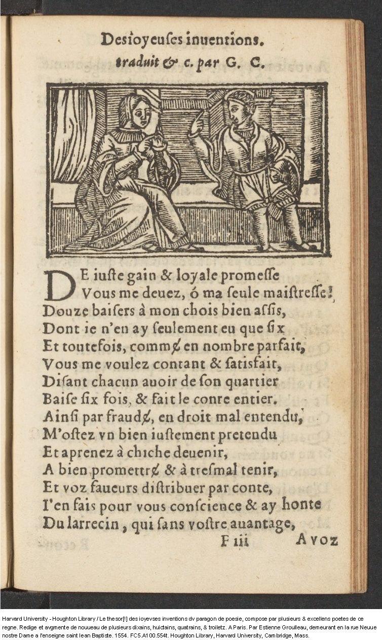1554 - Étienne Groulleau - Trésor des joyeuses inventions du parangon de poésies - Harvard University