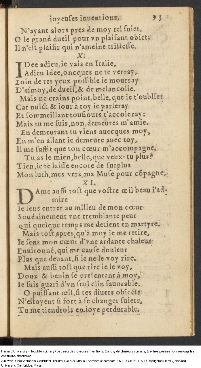 1599 - Abraham Le Cousturier - Trésor des joyeuses inventions du parangon de poésies - Harvard University 1599 - Abraham Le Cousturier - Trésor des joyeuses inventions du parangon de poésies - Harvard University