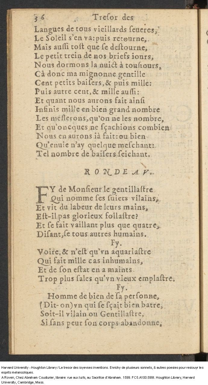 1599 - Abraham Le Cousturier - Trésor des joyeuses inventions du parangon de poésies - Harvard University 1599 - Abraham Le Cousturier - Trésor des joyeuses inventions du parangon de poésies - Harvard University