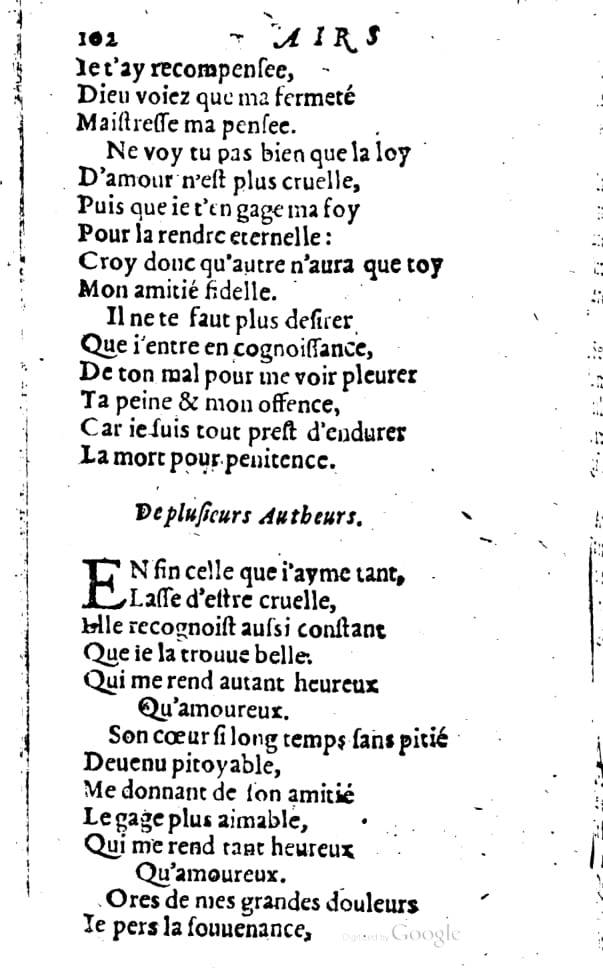 1606 - Théodore Reinsart - Trésor des chansons amoureuses recueillies des plus excellents airs de cour - Livre I - NK ČR Prague