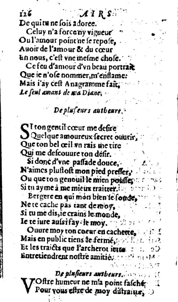 1606 - Théodore Reinsart - Trésor des chansons amoureuses recueillies des plus excellents airs de cour - Livre I - NK ČR Prague