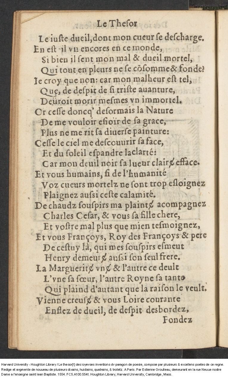 1554 - Étienne Groulleau - Trésor des joyeuses inventions du parangon de poésies - Harvard University