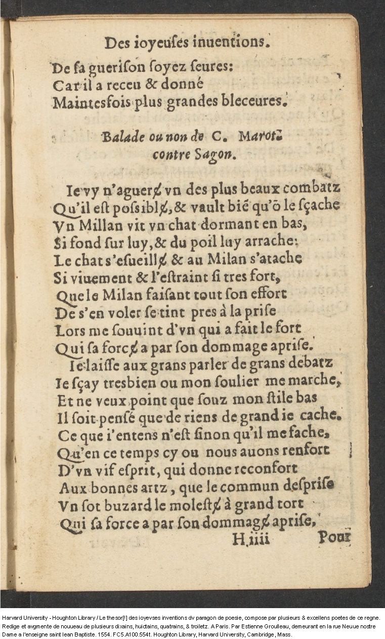 1554 - Étienne Groulleau - Trésor des joyeuses inventions du parangon de poésies - Harvard University