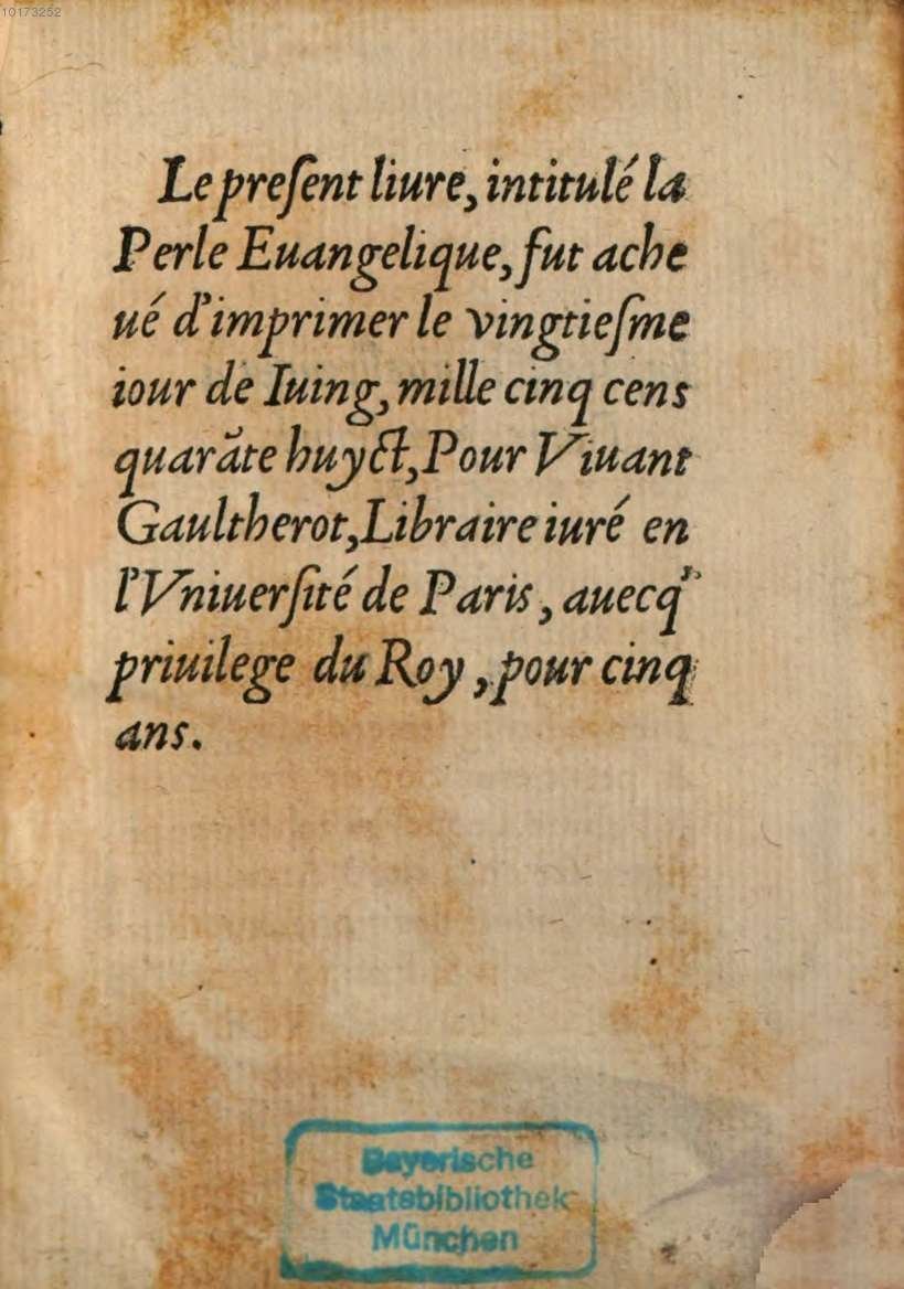 1548 - René Avril et Vivant Gaulterot - Perle précieuse évangélique et Trésor divin - BSB Munich