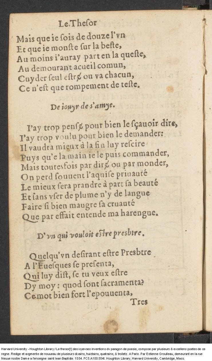 1554 - Étienne Groulleau - Trésor des joyeuses inventions du parangon de poésies - Harvard University