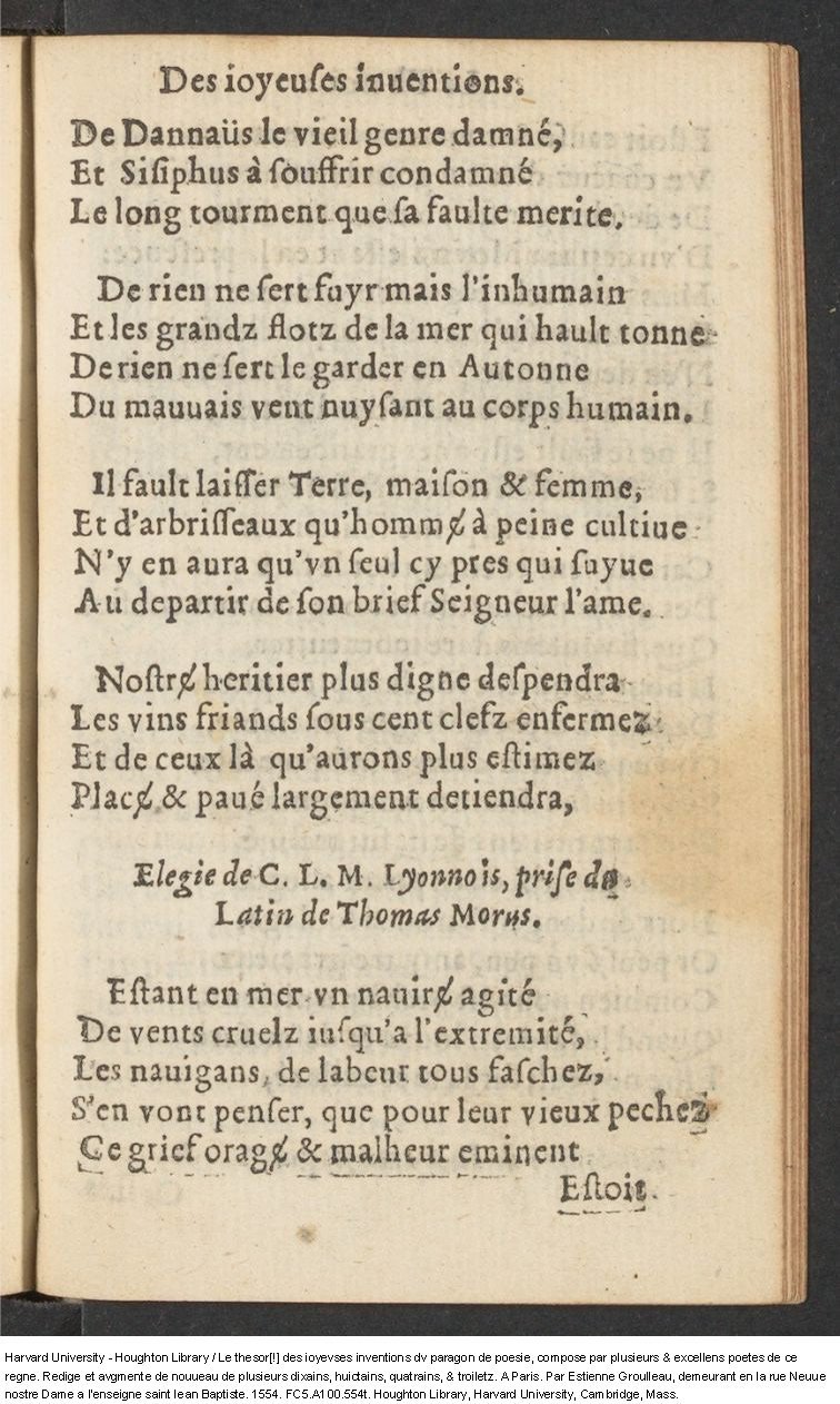 1554 - Étienne Groulleau - Trésor des joyeuses inventions du parangon de poésies - Harvard University
