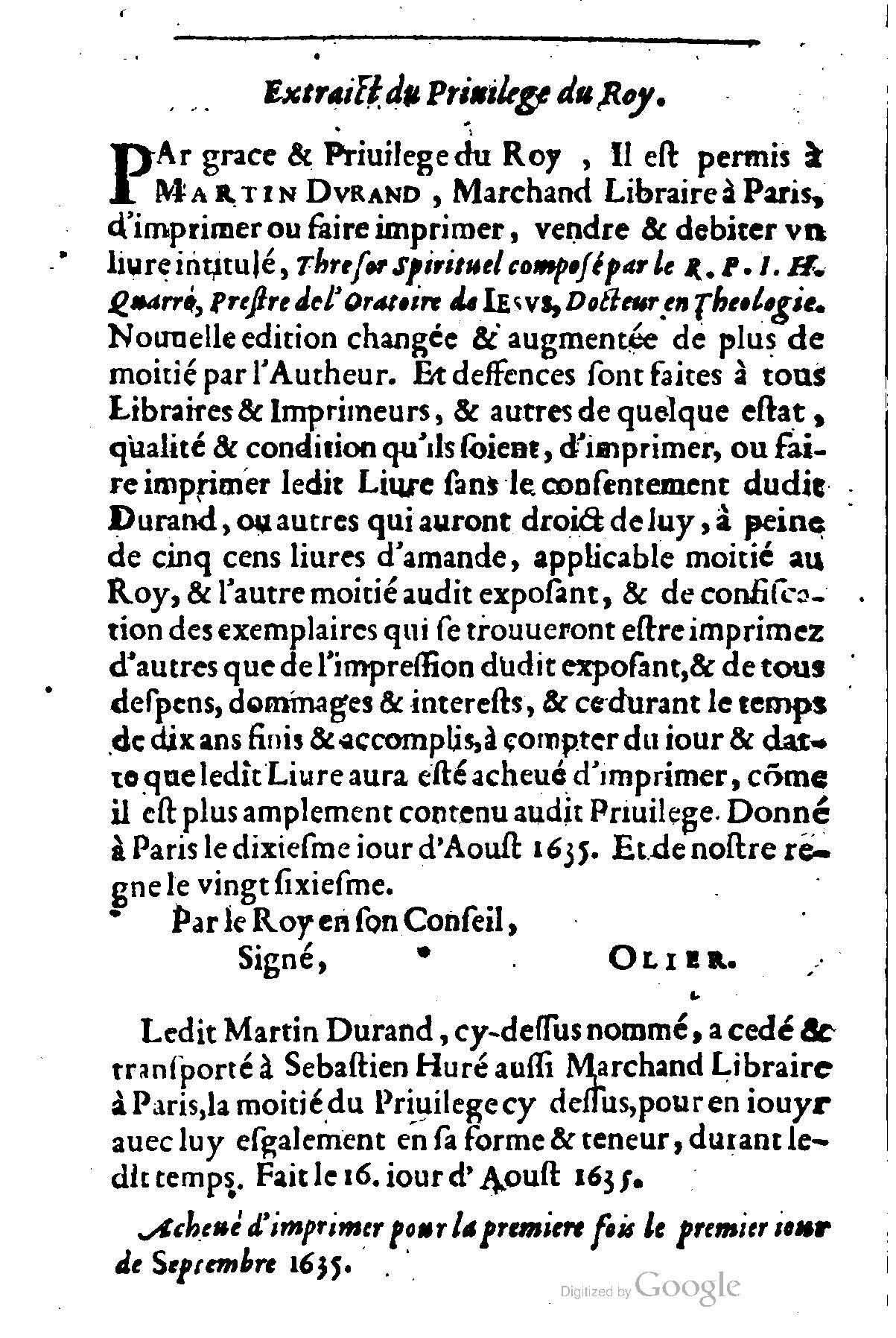 1635 - Sébastien Huré - Trésor spirituel contenant les obligations - BM Lyon