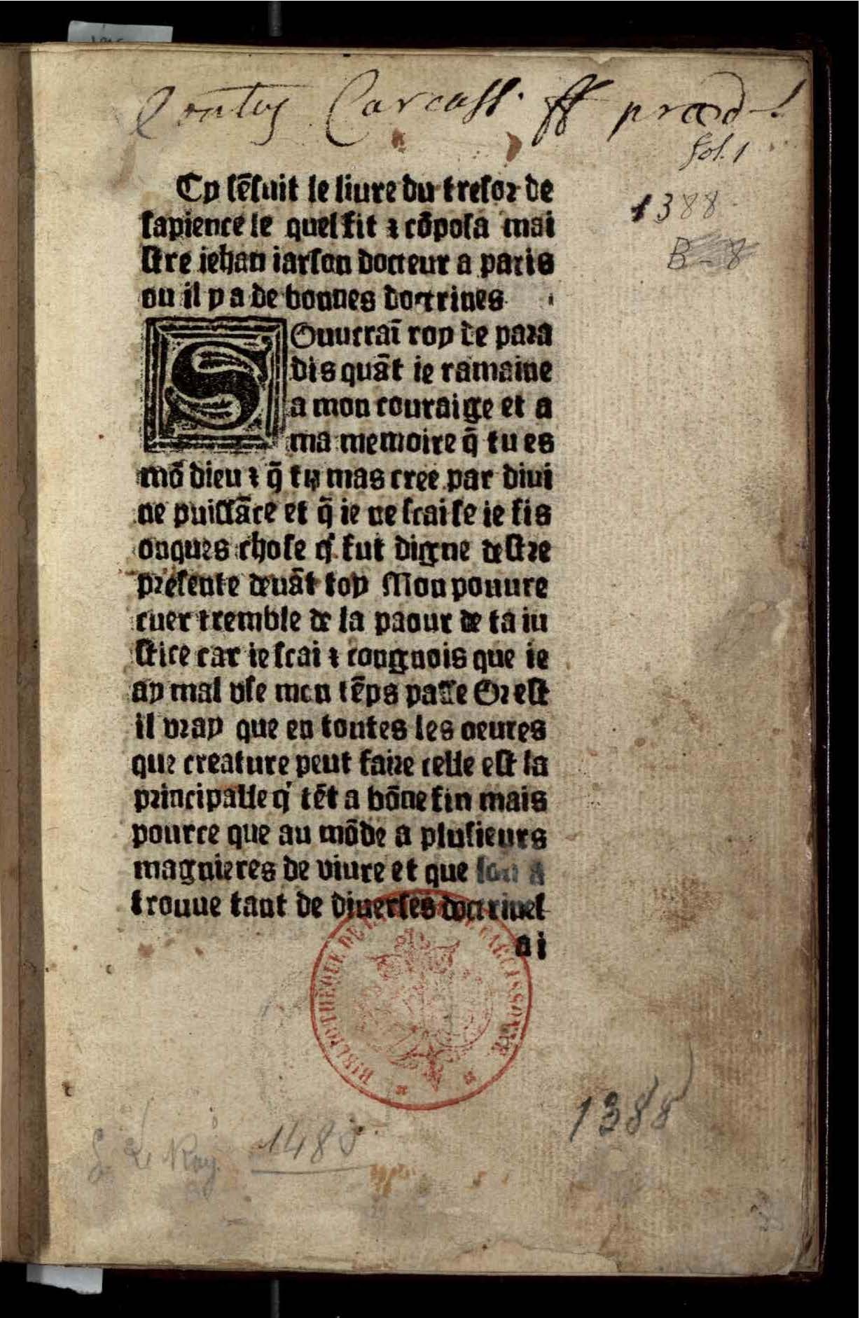 1477c. - Guillaume Le Roy - Trésor de sapience - Médiathèques Carcassonne Agglo