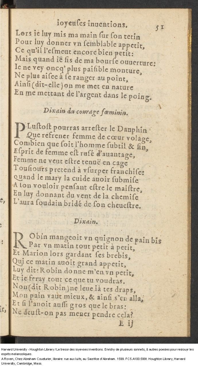 1599 - Abraham Le Cousturier - Trésor des joyeuses inventions du parangon de poésies - Harvard University 1599 - Abraham Le Cousturier - Trésor des joyeuses inventions du parangon de poésies - Harvard University