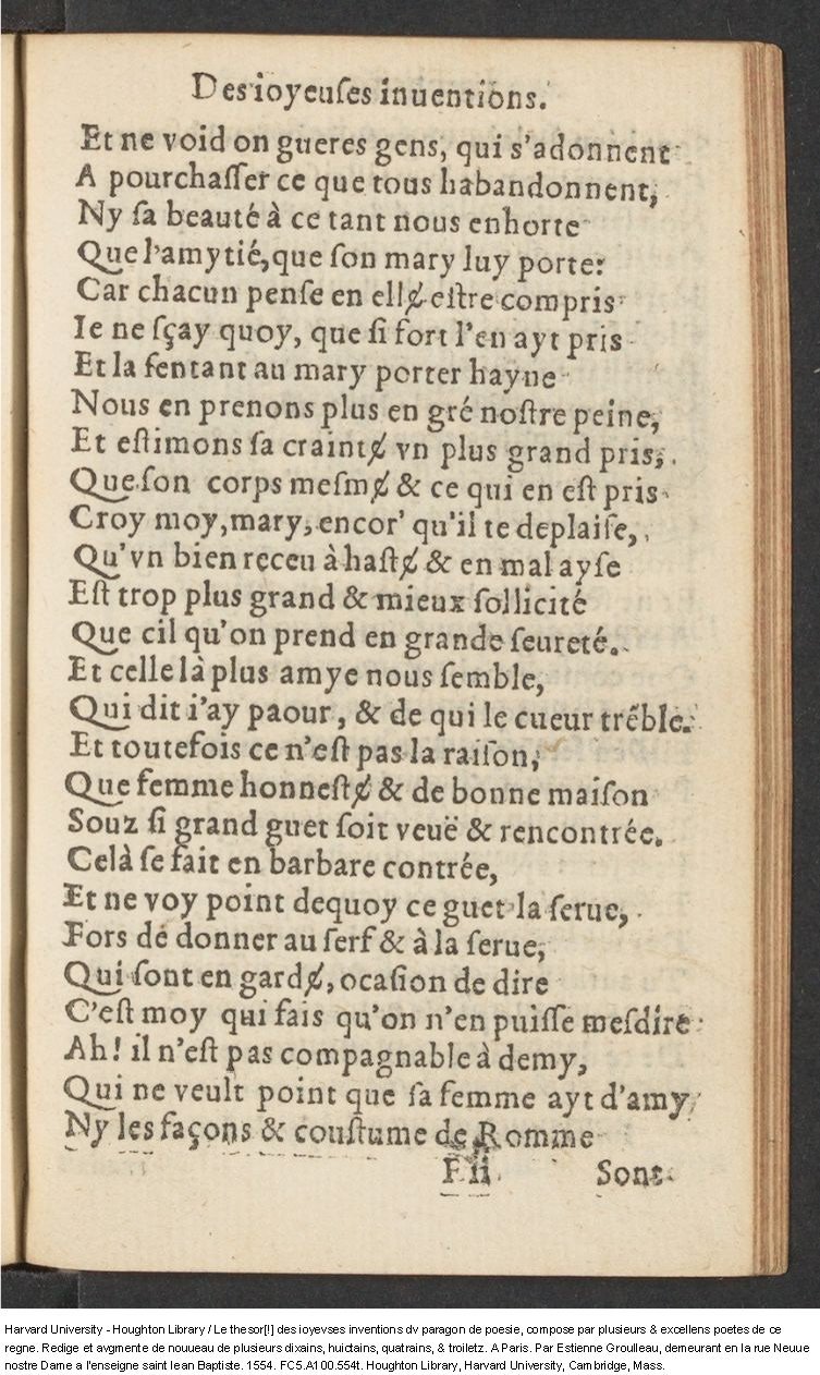 1554 - Étienne Groulleau - Trésor des joyeuses inventions du parangon de poésies - Harvard University