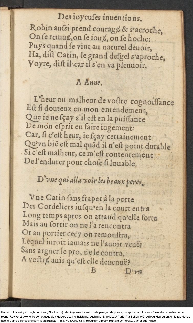 1554 - Étienne Groulleau - Trésor des joyeuses inventions du parangon de poésies - Harvard University