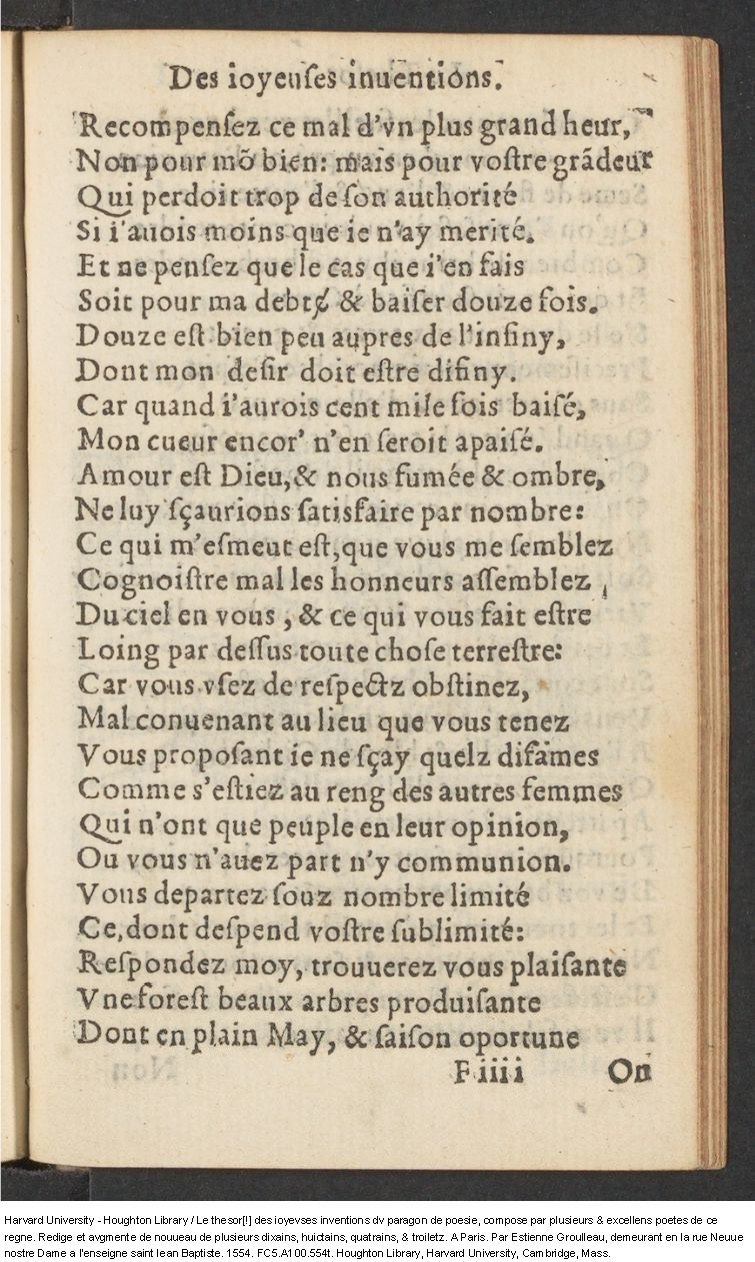 1554 - Étienne Groulleau - Trésor des joyeuses inventions du parangon de poésies - Harvard University